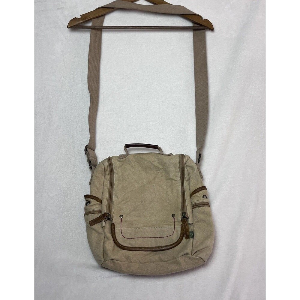TSD Brand Earth & Style Beige Canvas Leather Crossbody Shoulder Bag Multi Pocket